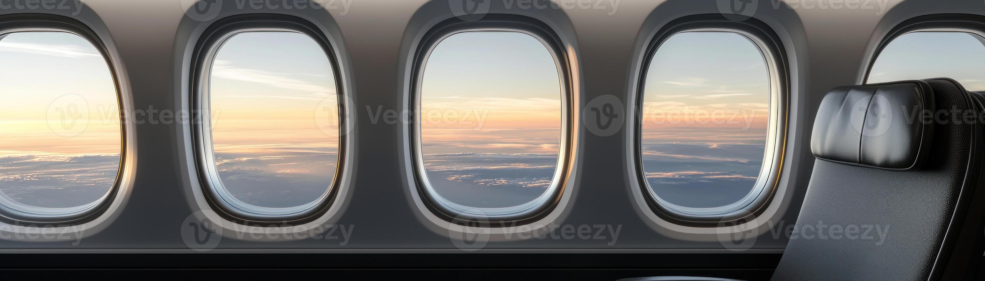 Beautiful airplane window view showcasing a stunning sunset above the clouds. photo
