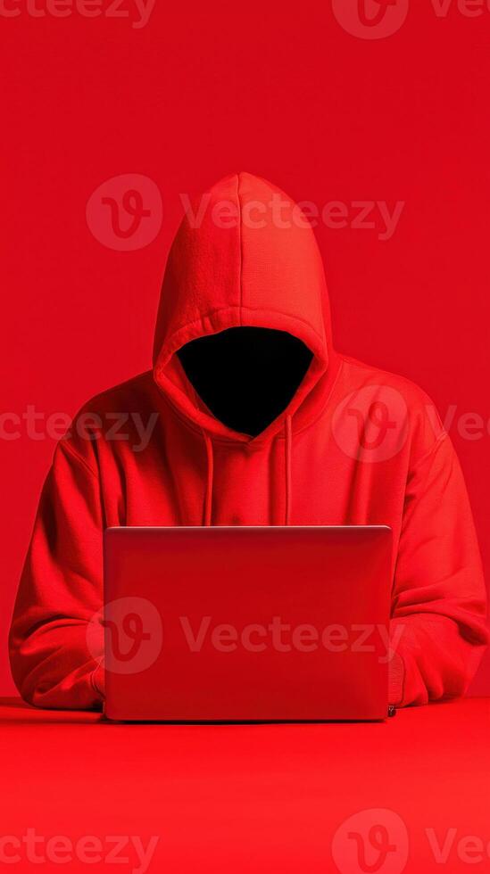 Mysterious figure in red hoodie using laptop in a minimalist setting. photo
