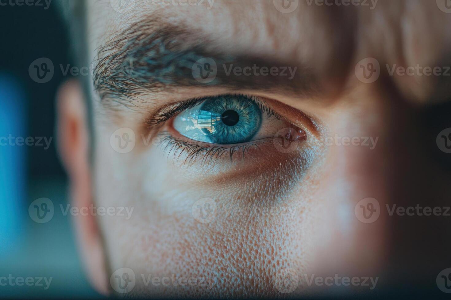 Close-up shot of a man's striking blue eye, capturing intense focus and emotion. photo