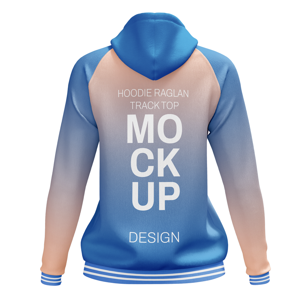 Back view womens raglan hoodie track top jacket with turtleneck collar mockup psd