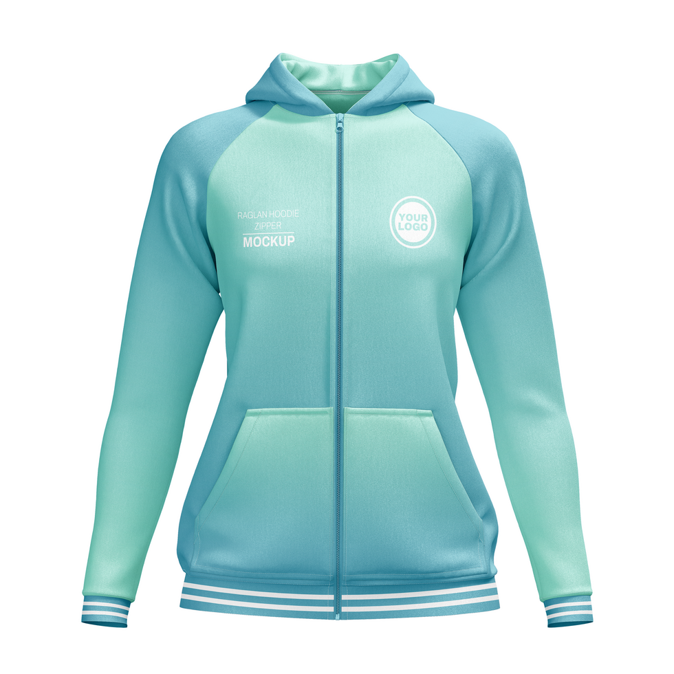 Womens raglan hoodie zipper jacket with pocket mockup front view psd
