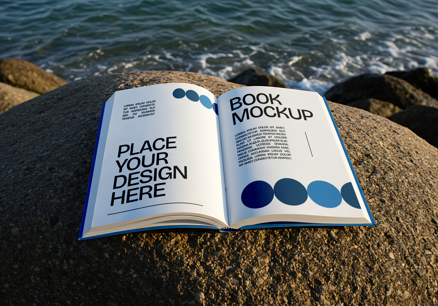 book mockup with scene at the beach on stone psd