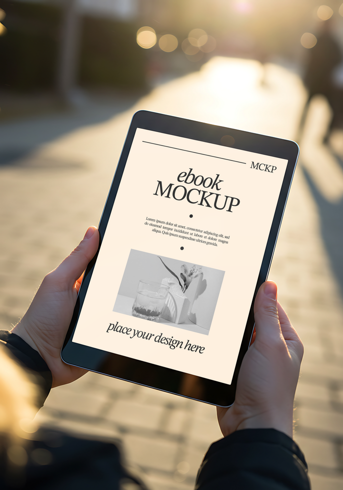 tablet mockup for ebook with city background psd