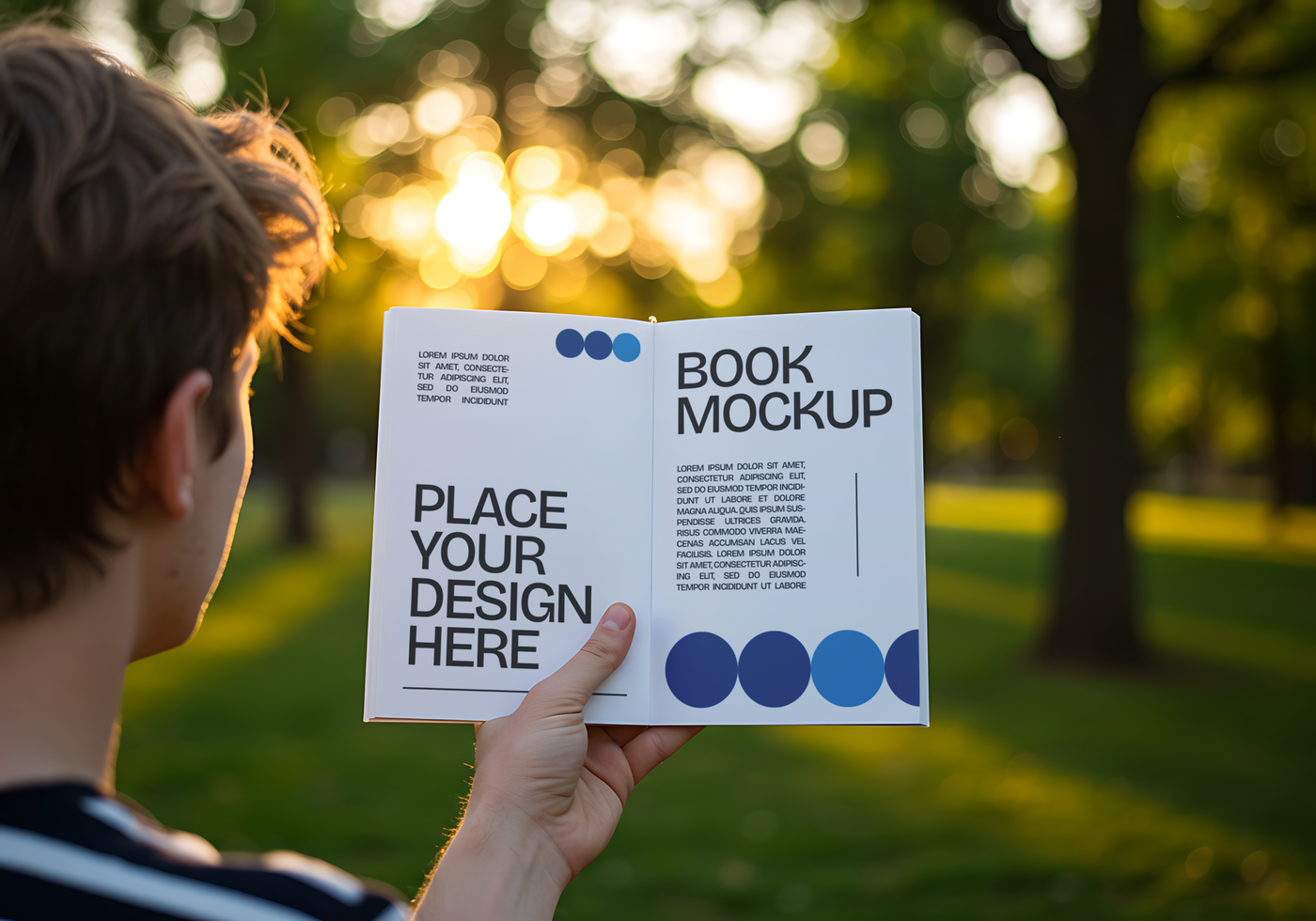 open book mockup with scene at the garden psd