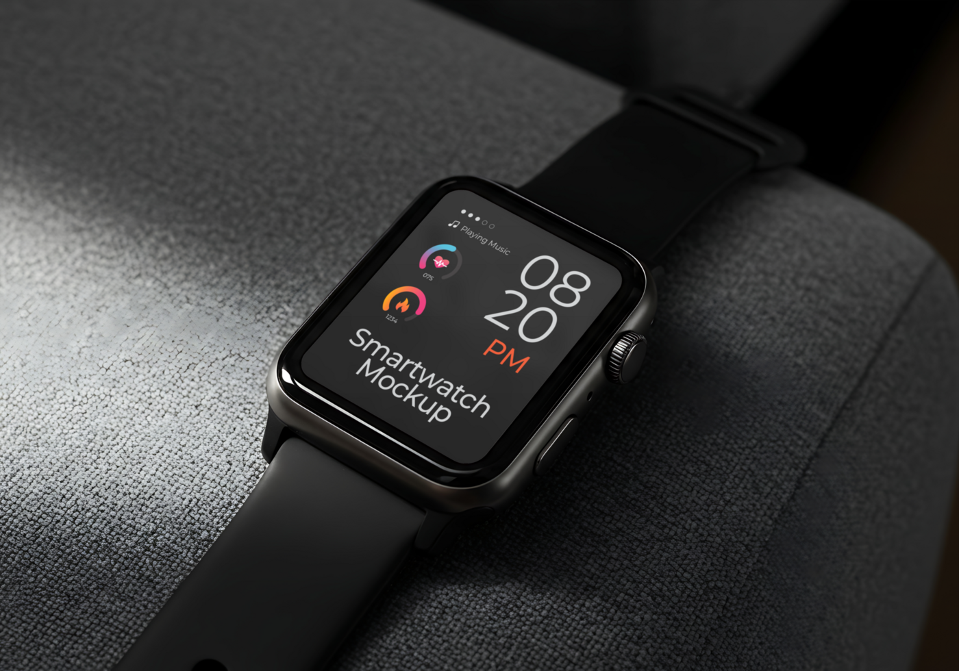 smart watch mockup on wrist with sofa background psd