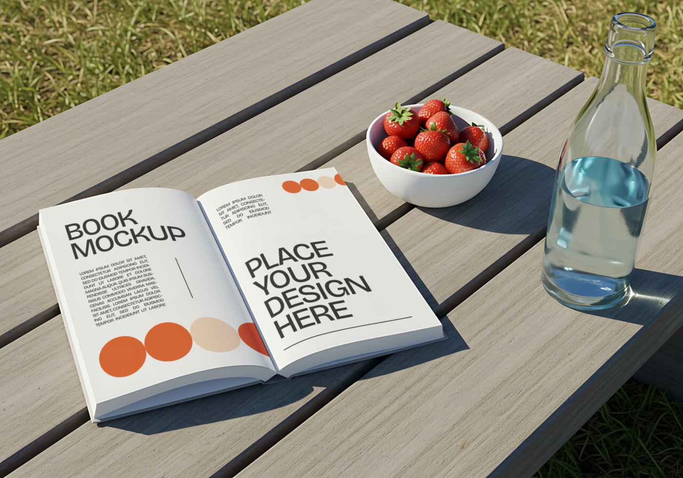 book mockup with scene at the garden on table psd