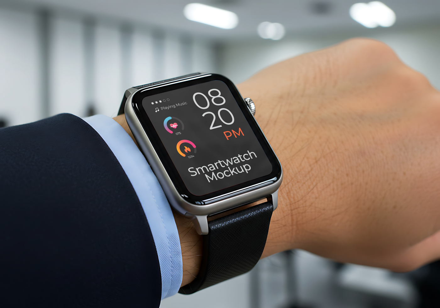 smart watch mockup on wrist with office background psd