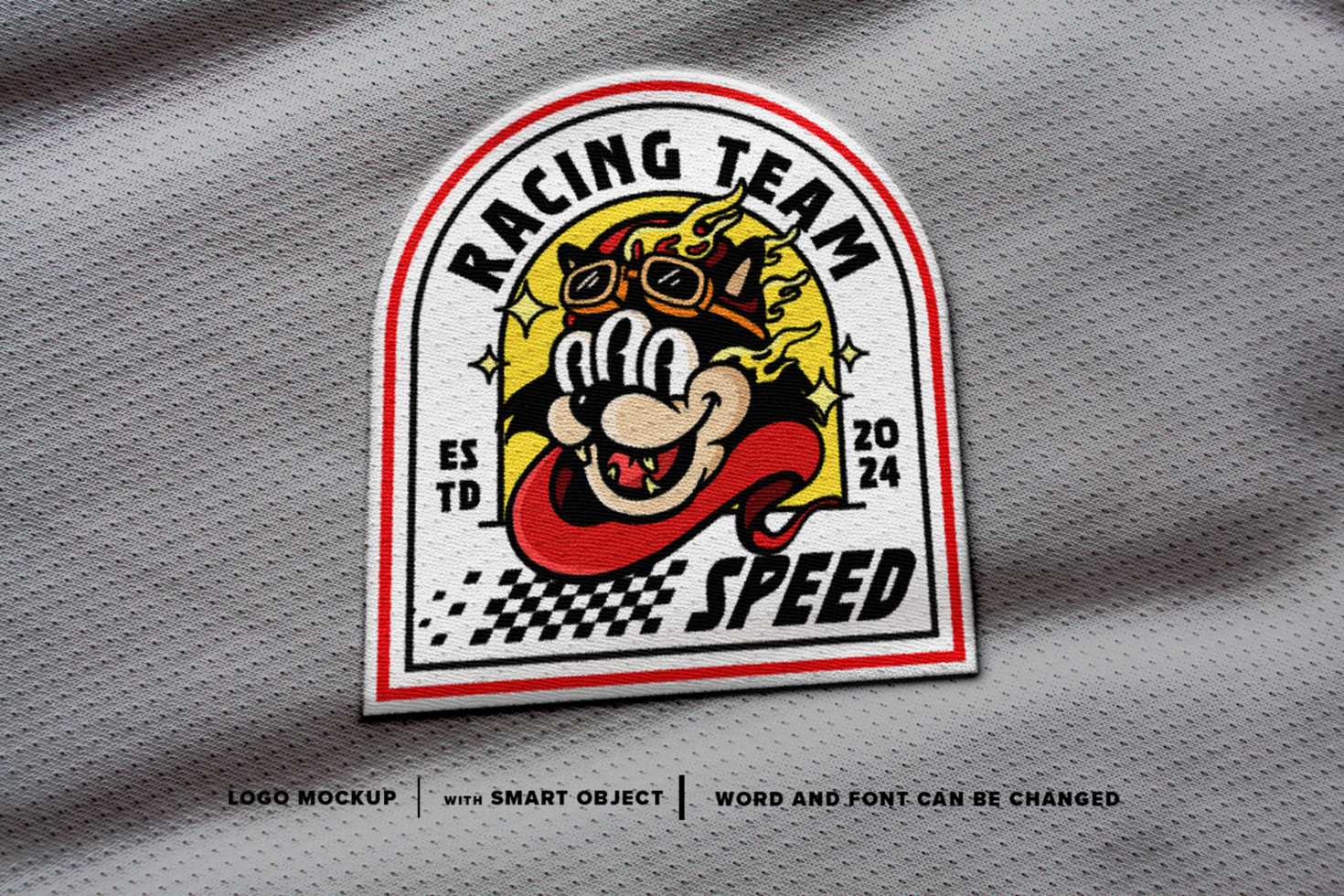 Mockup racing cat wearing helmet Patch Logo, perfect for patch on jacket, image on t-shirt, etc psd