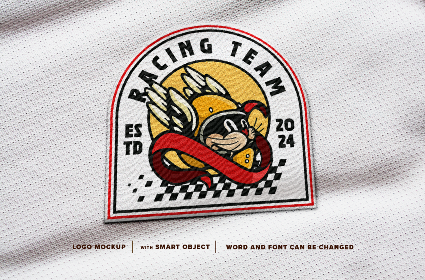 Mockup racing cat wearing a winged helmet Patch Logo, perfect for patch on jacket, image on t-shirt, etc psd