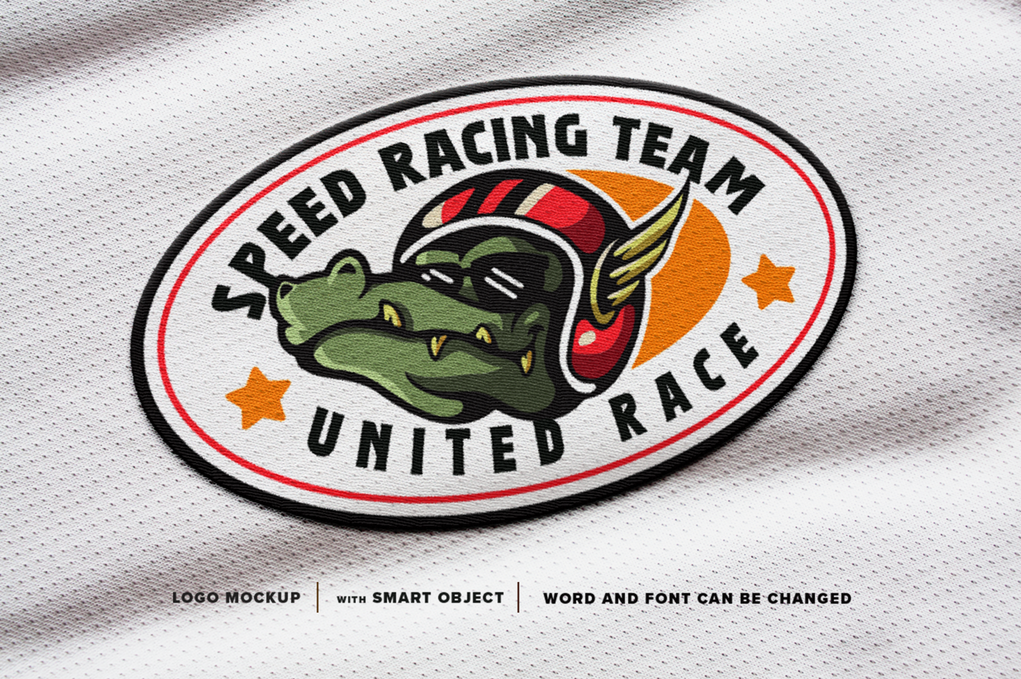 Mockup racing crocodile wearing a winged helmet Patch Logo, perfect for patch on jacket, image on t-shirt, etc psd