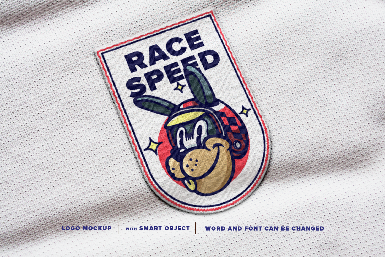 Mockup logo racing rabbit wearing a helmet Patch Logo, perfect for patch on jacket, image on t-shirt, etc psd