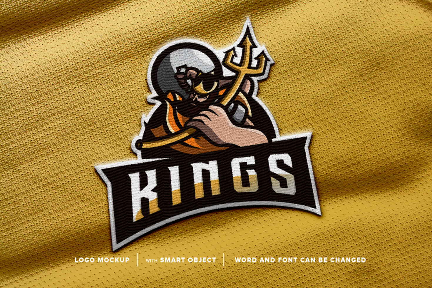 Mockup the king is fighting using a trident and shield patch logo, perfect for esport team logo, etc. psd