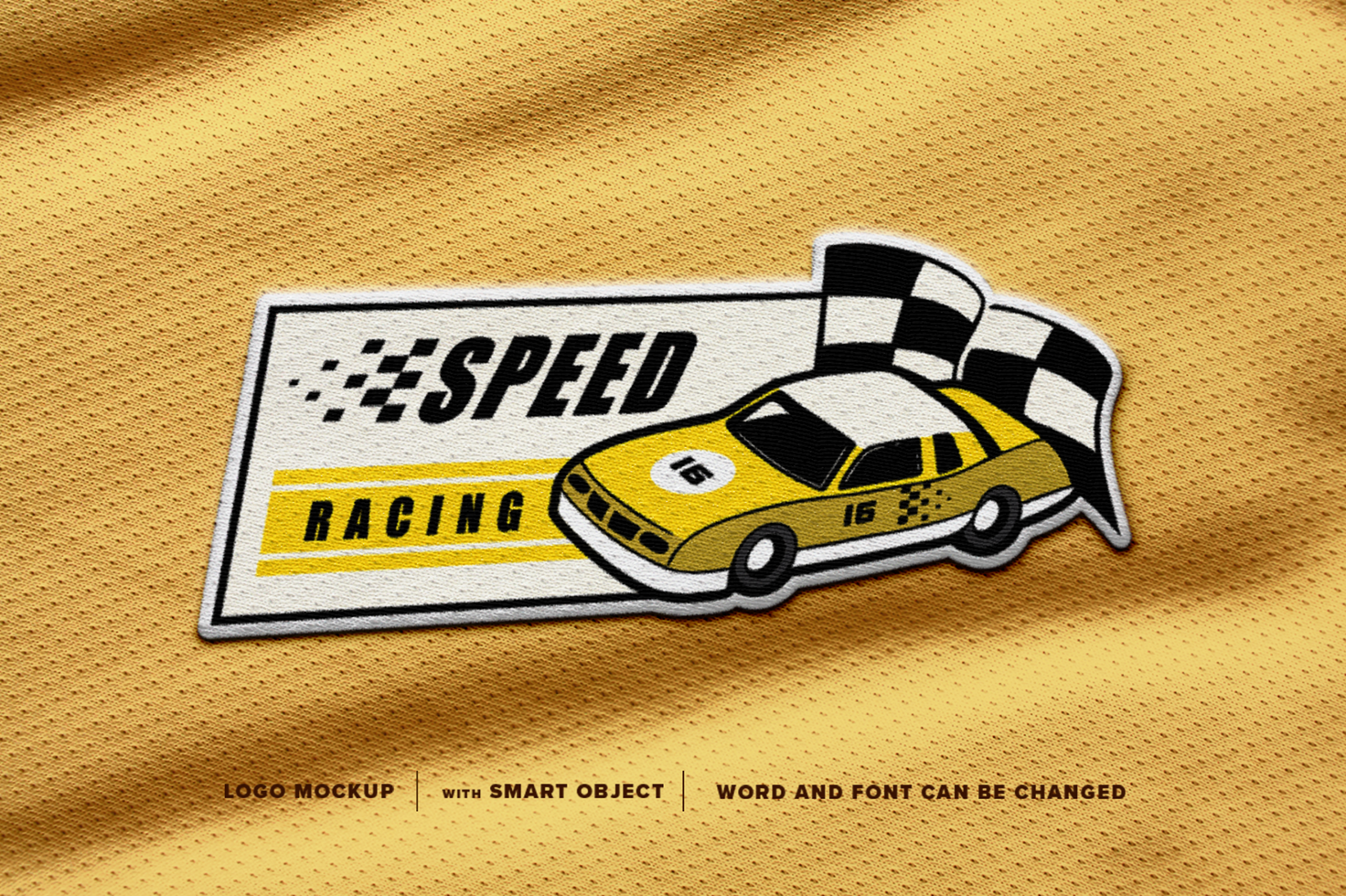 Mockup logo yellow racing car speed Patch Logo, perfect for patch on jacket, image on t-shirt, etc psd