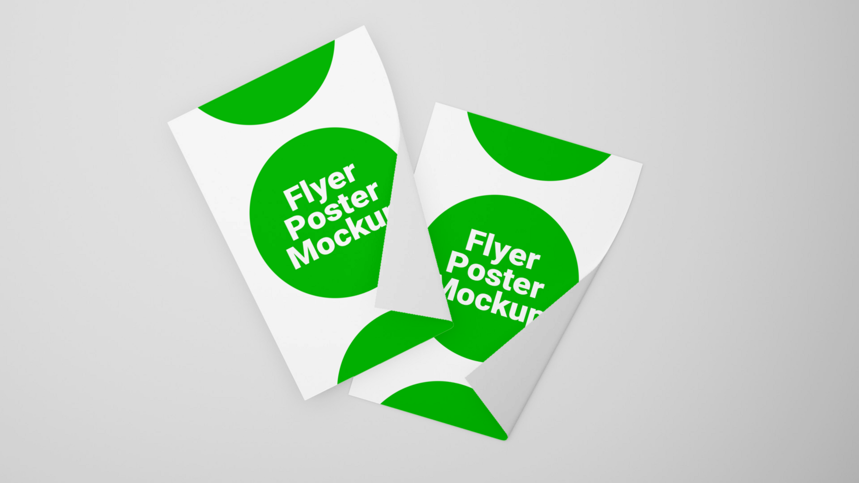 Two green and white paper flyers with a green circle on top psd
