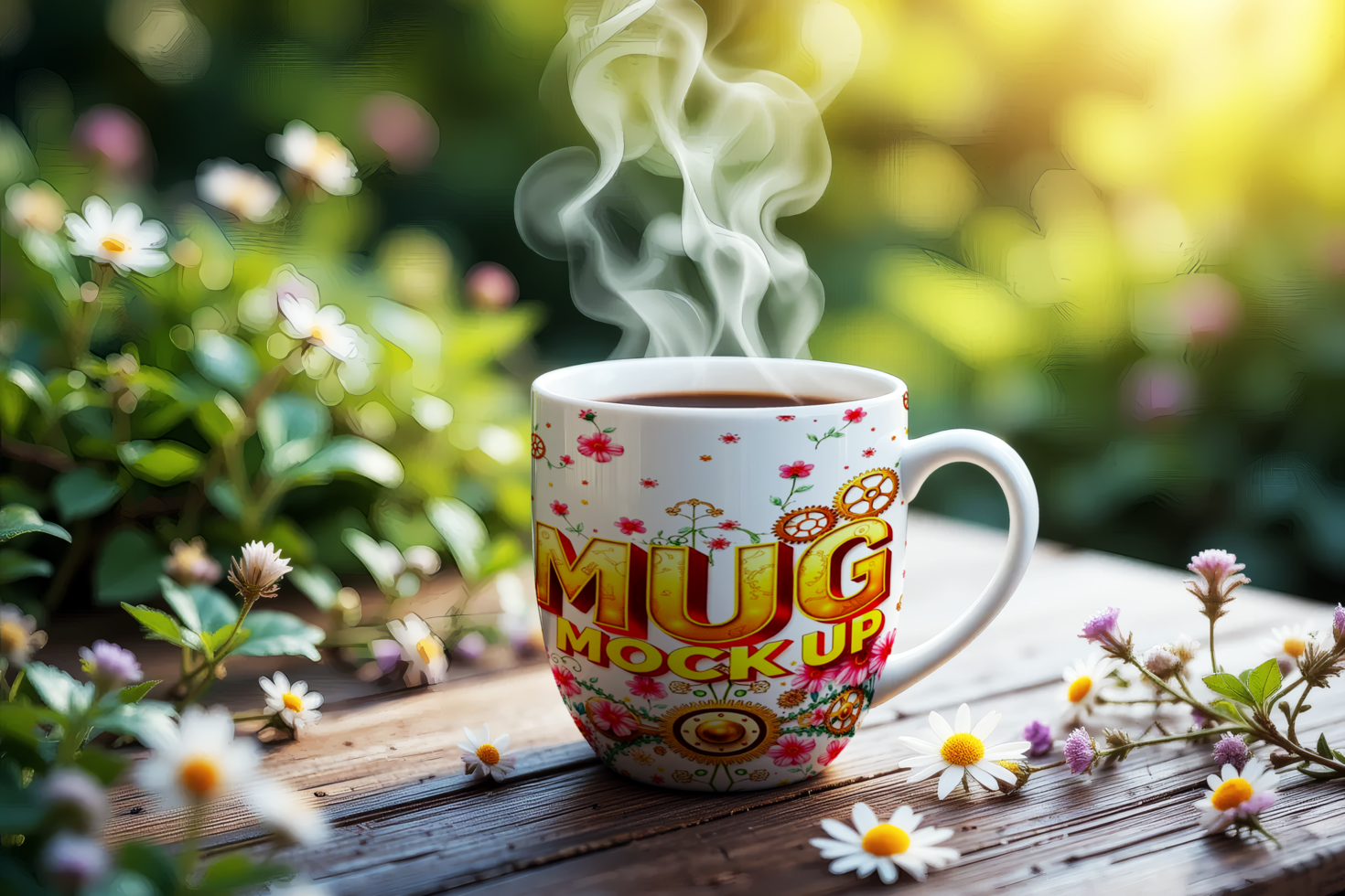 Hot Coffee in a Personalized Mug Mockup on a Wooden Table psd