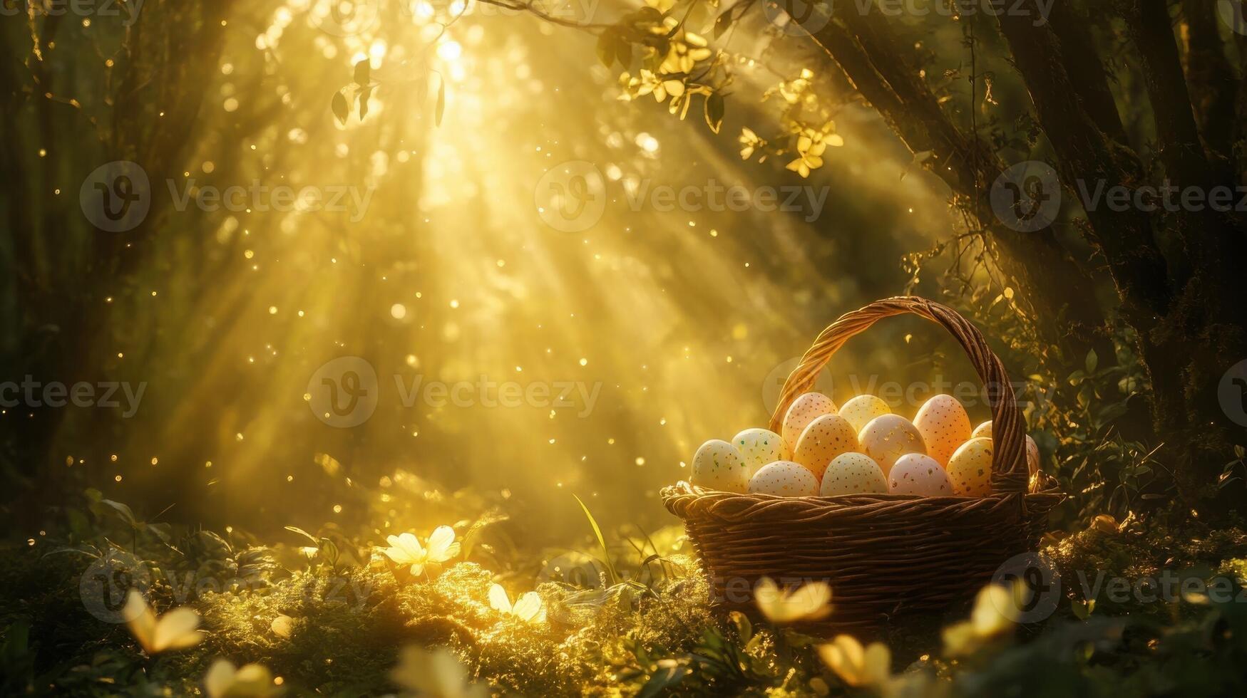 In this enchanting forest, a basket of pastel Easter eggs rests amid glowing golden light and delicate vines. photo
