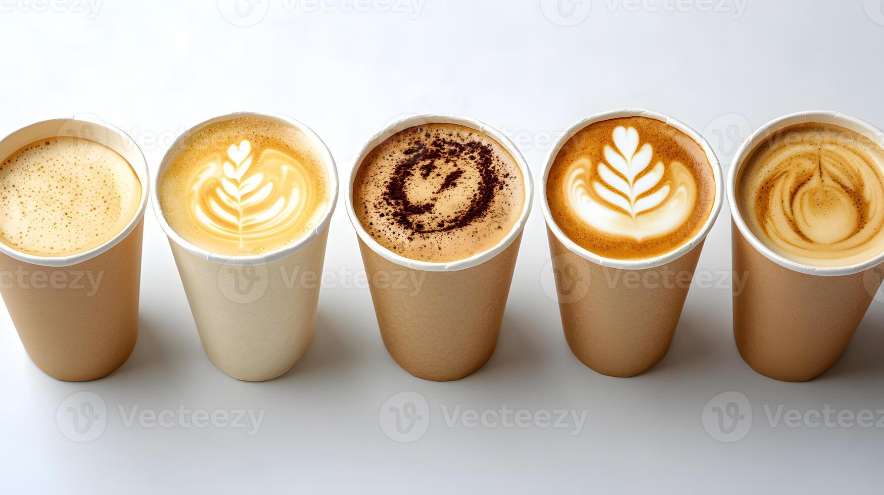A top view image of various paper takeaway cups with intricate coffee art designs, isolated on a white background. Ideal for marketing campaigns, coffee shop websites, and social media. photo