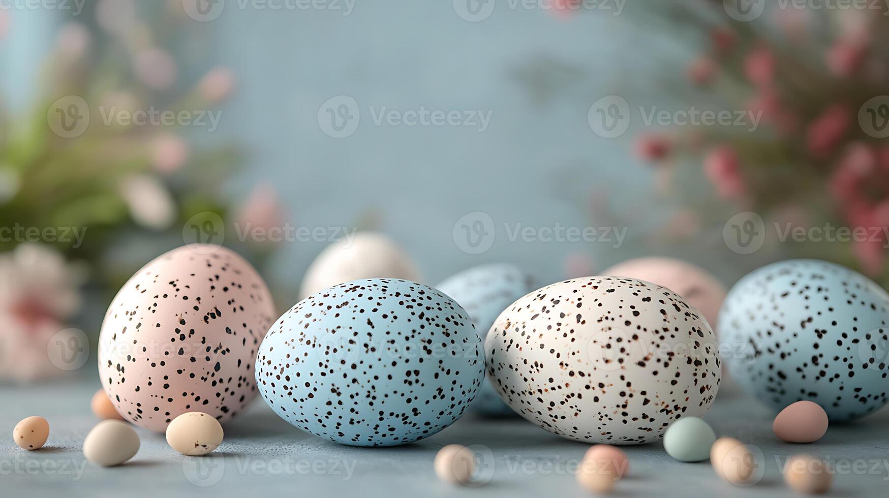 A composition of pastel Easter eggs with a soft, blurred background, ideal for spring marketing, Easter event invitations, or creating a festive and gentle atmosphere in designs. photo