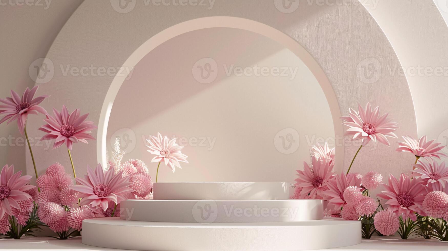 A stylish composition featuring a podium adorned with beautiful pink flowers, set against a light background, ideal for use in event promotions, product showcases, or minimalist design concepts. photo