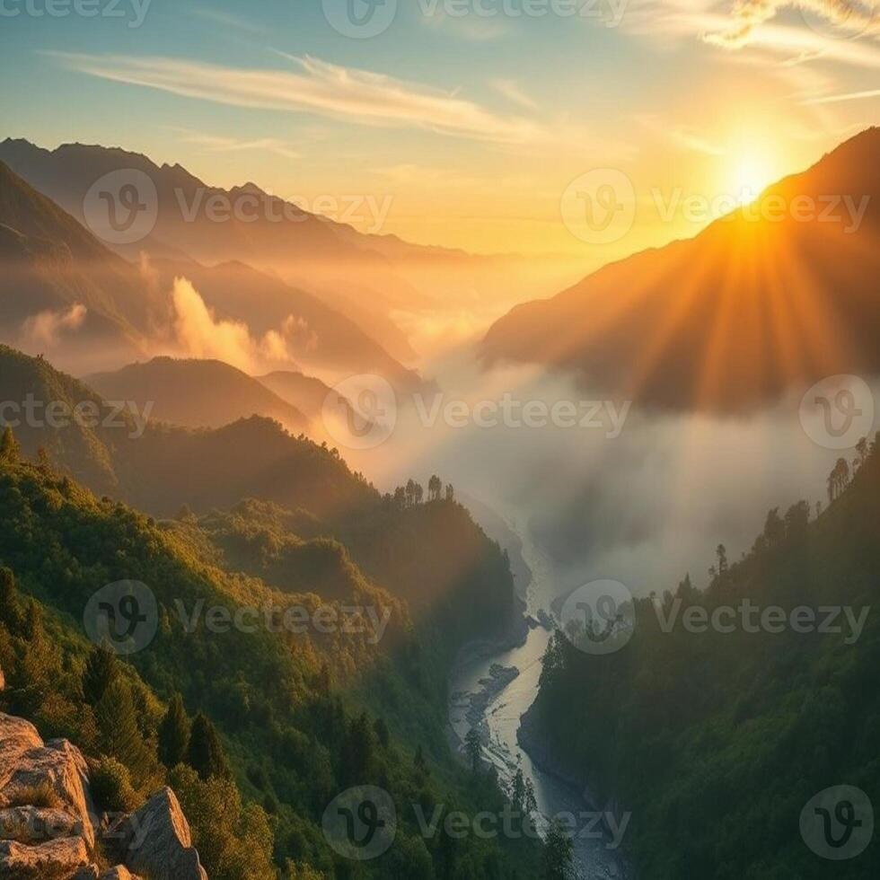 Sunrise over the mountains with fog and mist photo