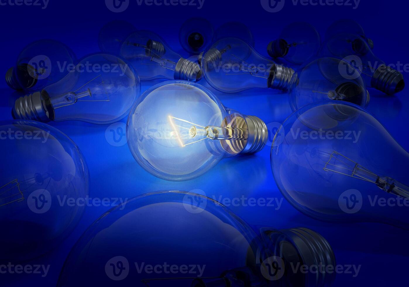Light bulb on and off on a blue background, creative ideas concept photo