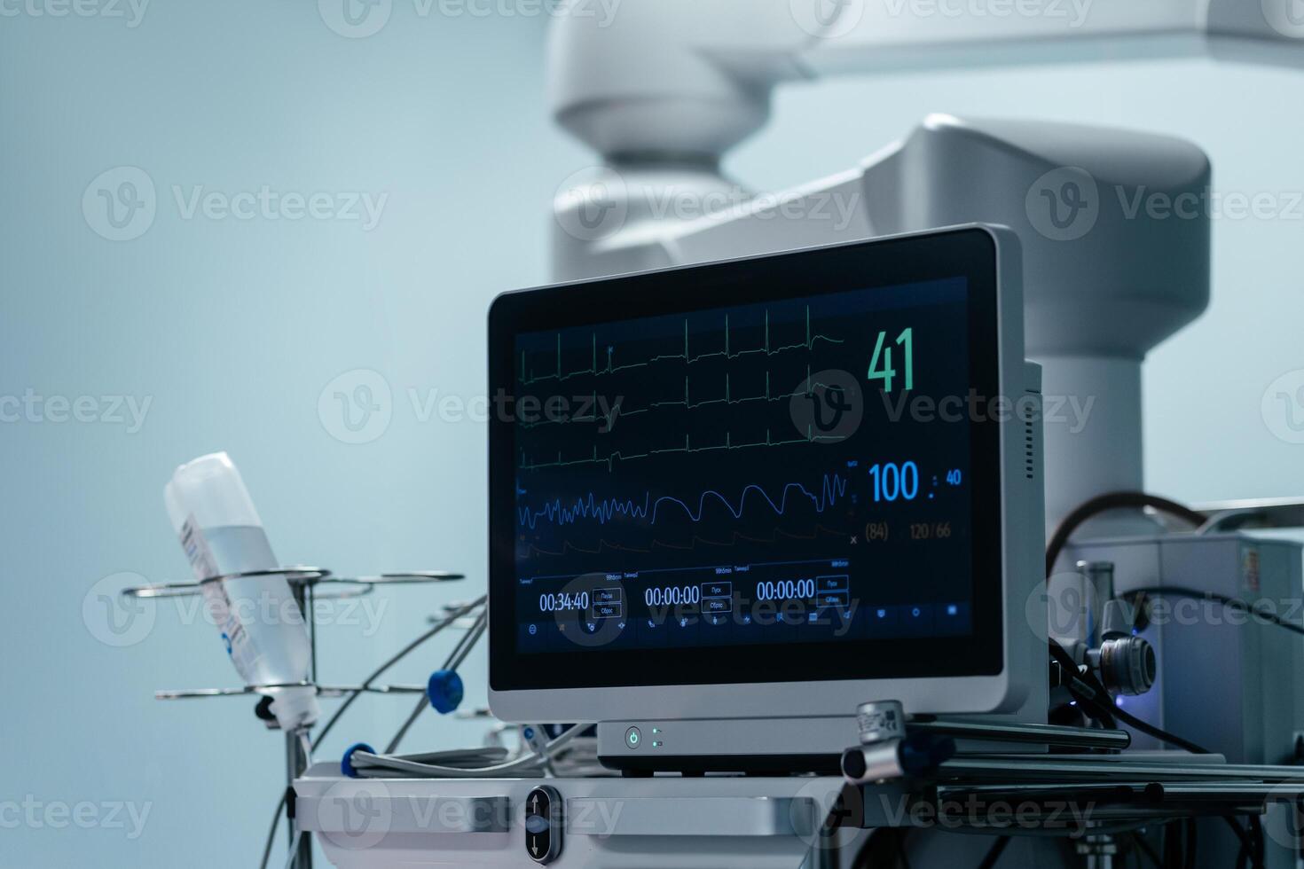 EKG monitor in intra aortic balloon pump machine. Electrocardiogram in surgery, cardiology and check on vitals in operation. Doctor, healthcare and procedure with medical equipment in hospital photo