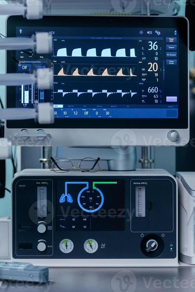 Artificial lung ventilation monitor in the intensive care unit. Medical equipment. Ventilation of the lungs with oxygen. Monitor and electrocardiogram in surgery, cardiology. Vertical shot photo