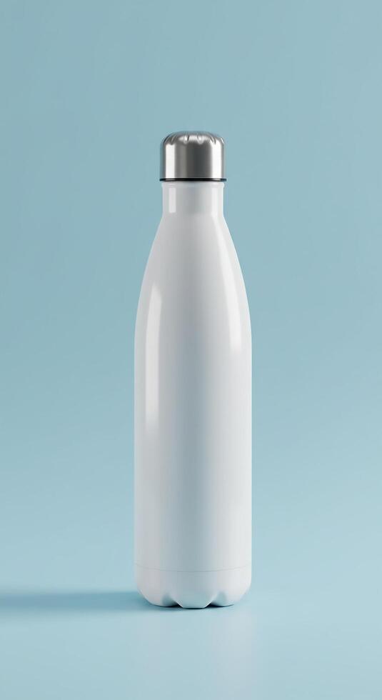 A white bottle with a metal lid on a blue background photo