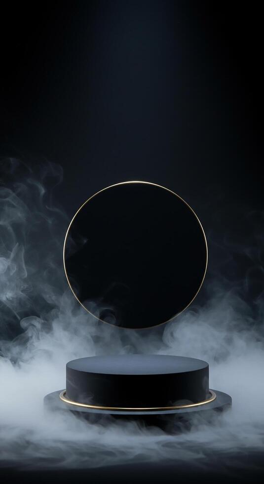 Black round podium with smoke and gold frame on black background photo