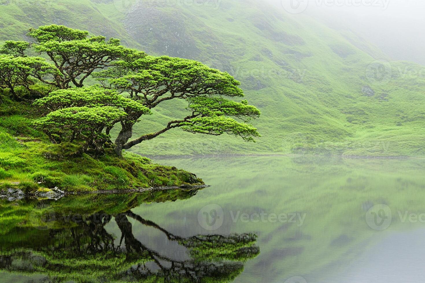 A tree is reflected in the water on a mountain photo