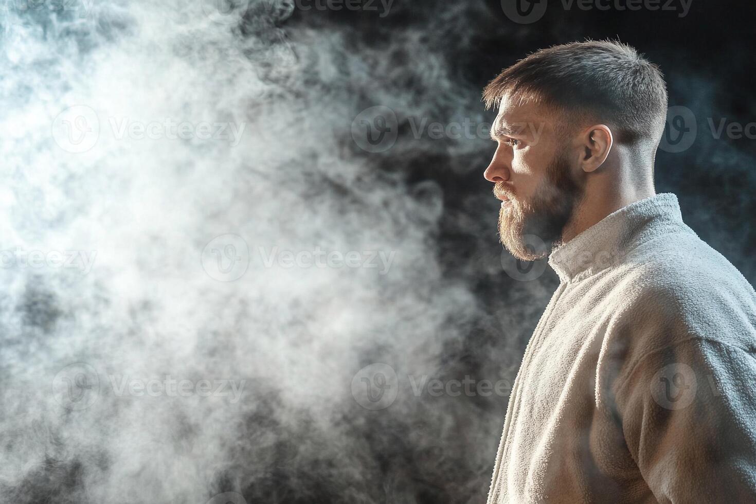 A man with a beard is standing in front of smoke photo