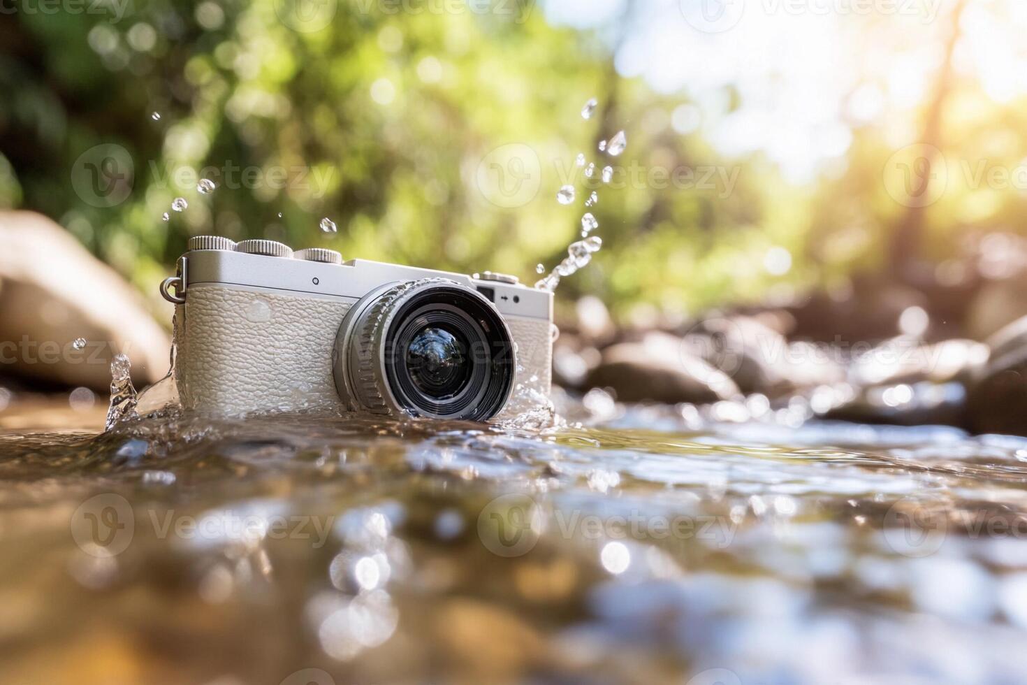 A camera is submerged in water on a river photo