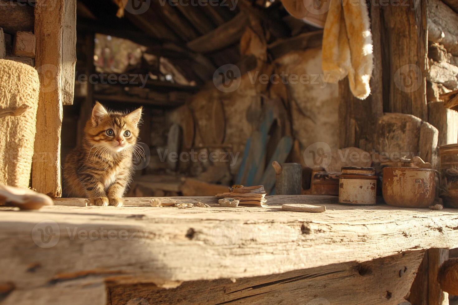 A kitten sitting on a wooden table in front of a wooden house photo