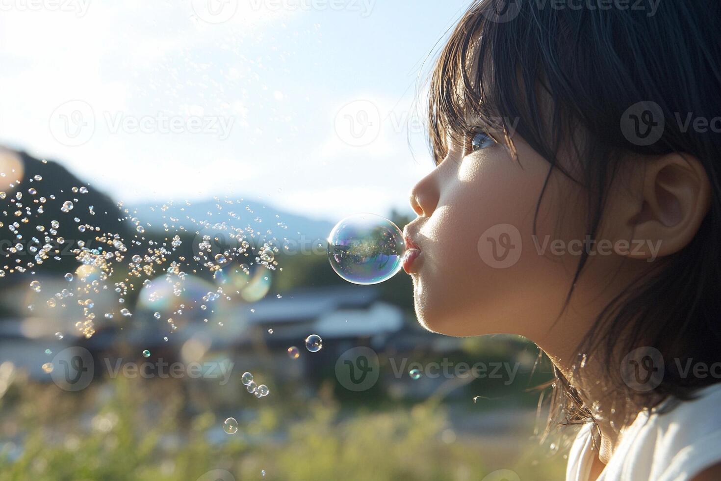 A young girl blowing bubbles in the air photo