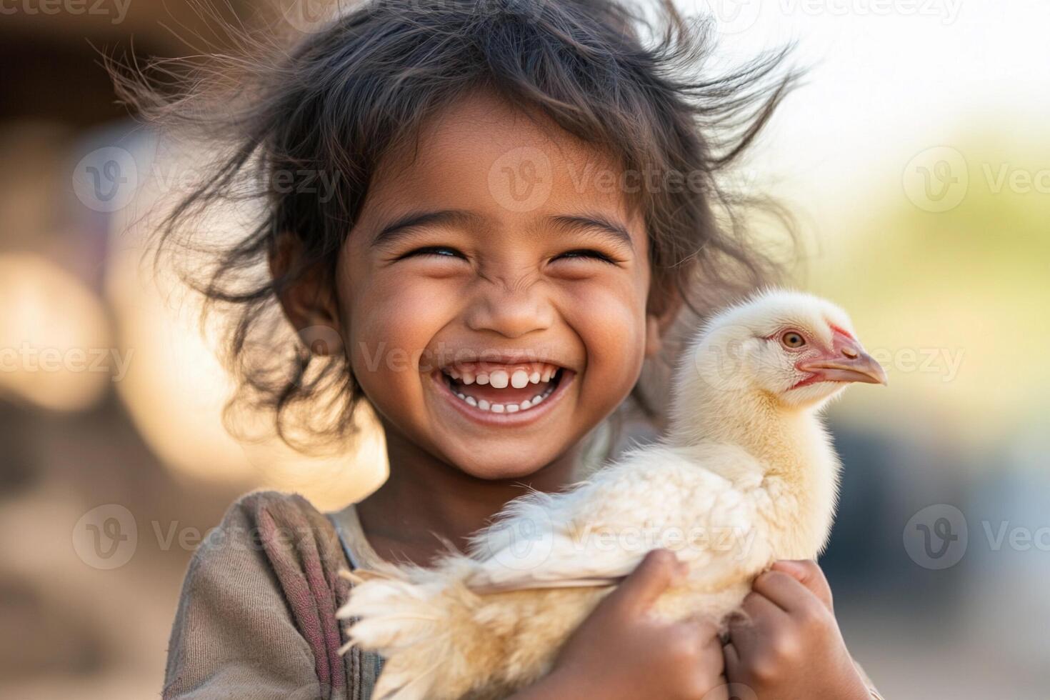 A little girl is smiling and holding a chicken photo