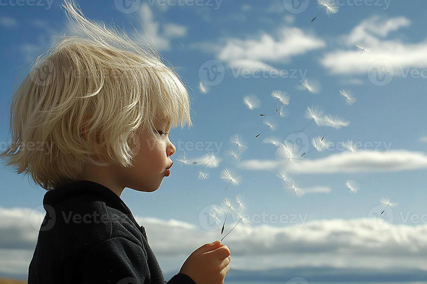A young child blowing dandelions in the wind photo