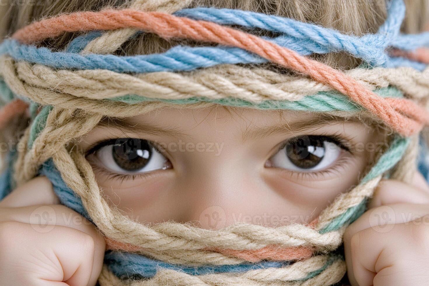 A young child with a rope wrapped around her head photo