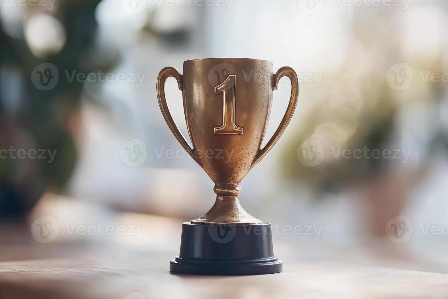 A gold trophy on a wooden table photo