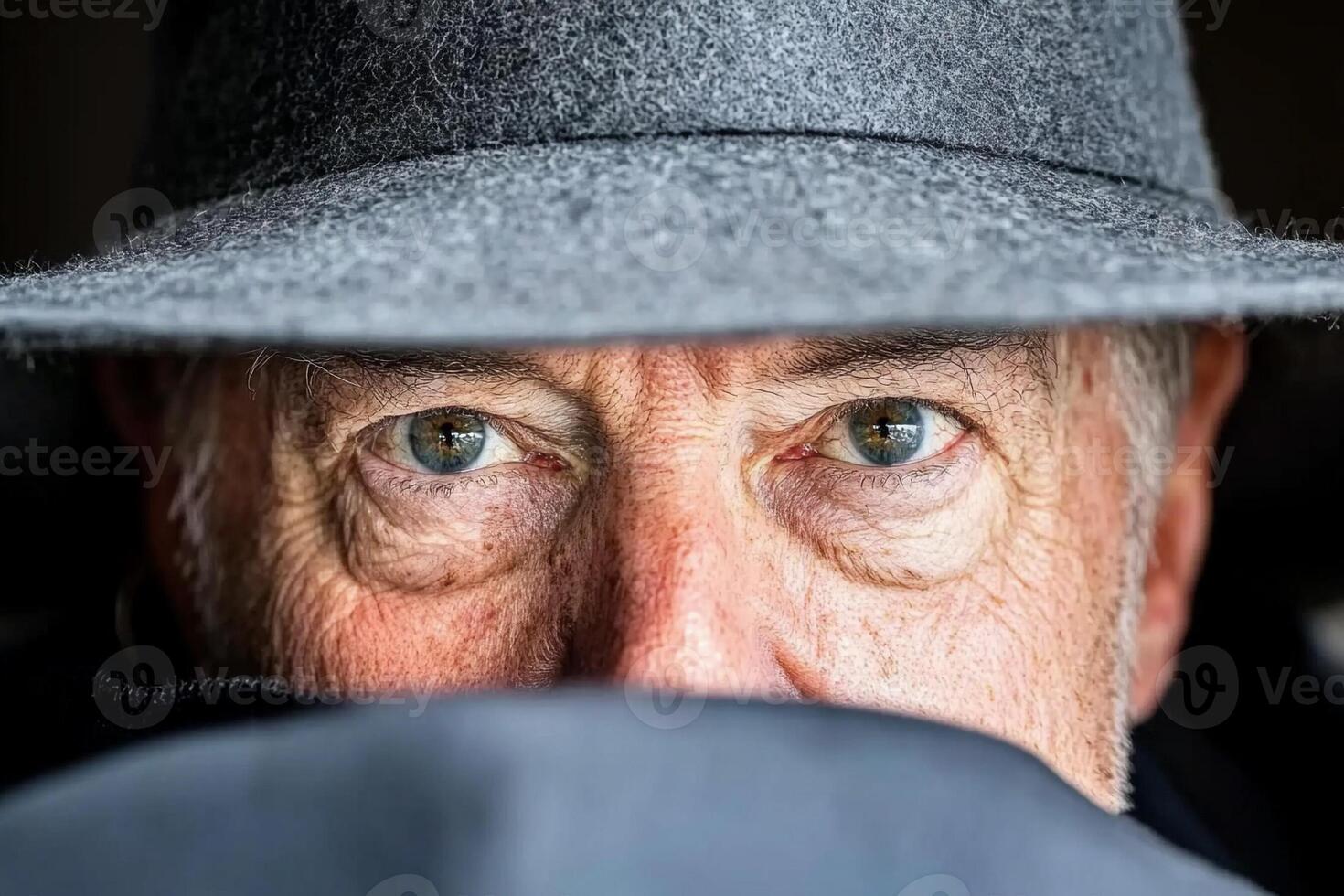 An older man wearing a hat peering over his shoulder photo