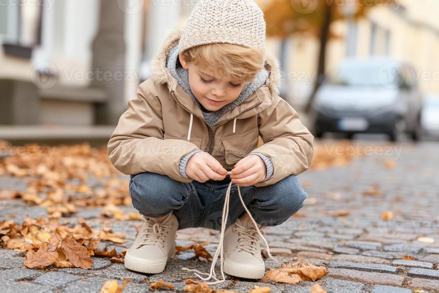 A young boy in a coat and hat is kneeling on the ground photo