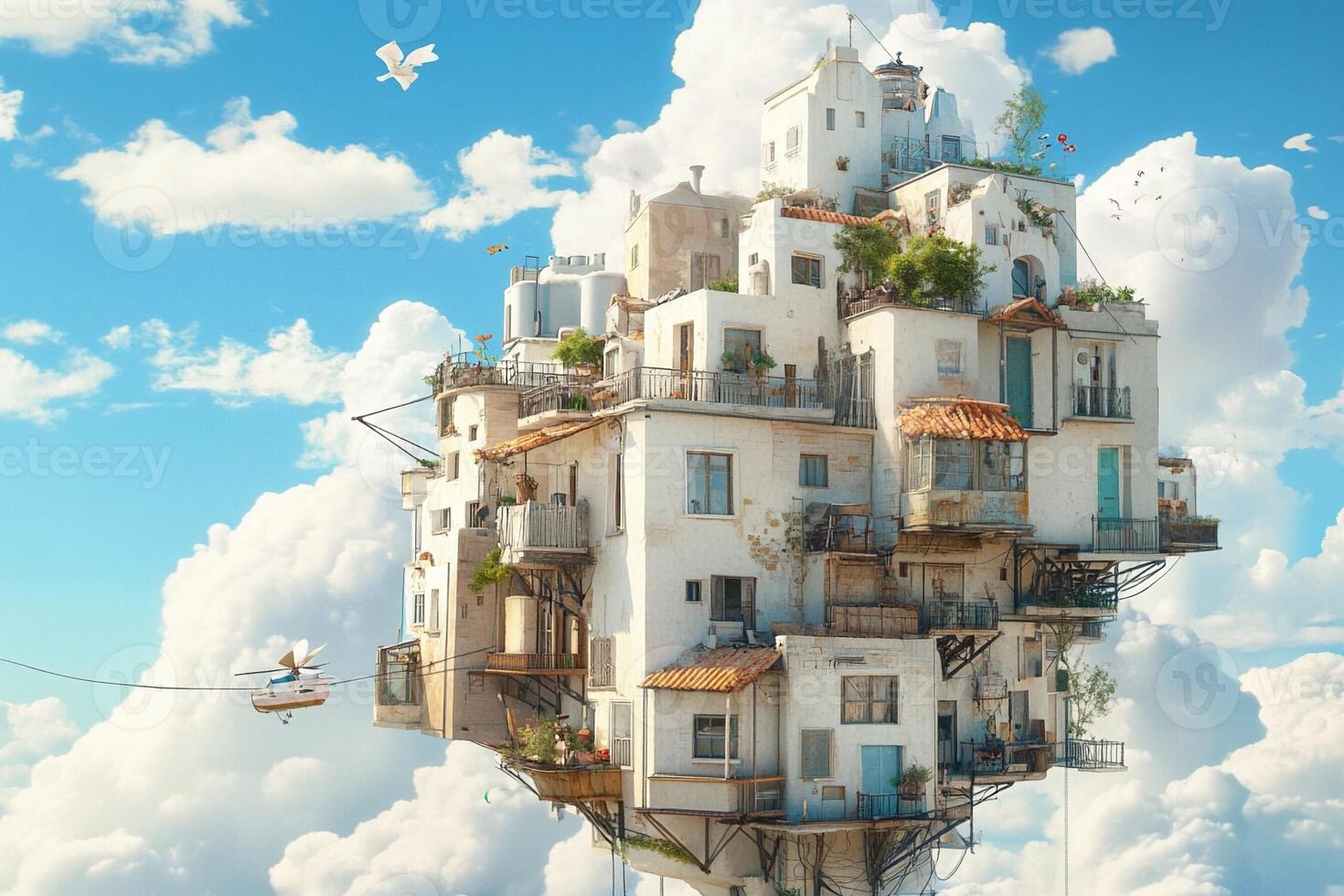 A floating house in the sky with birds flying around photo