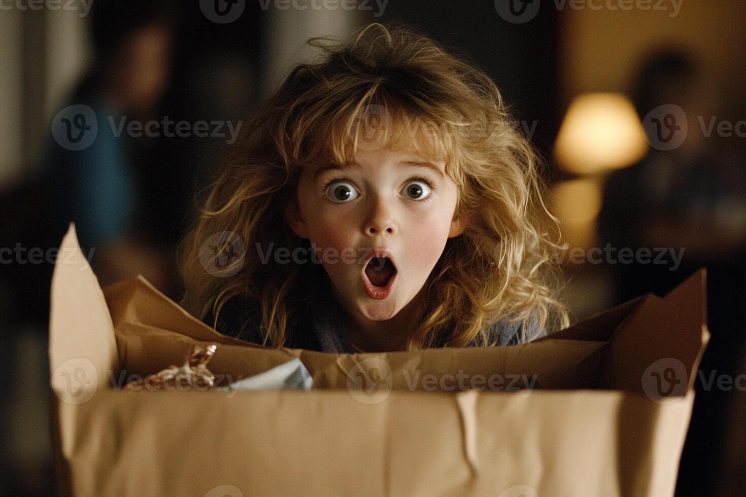 A young girl is looking surprised in a box photo