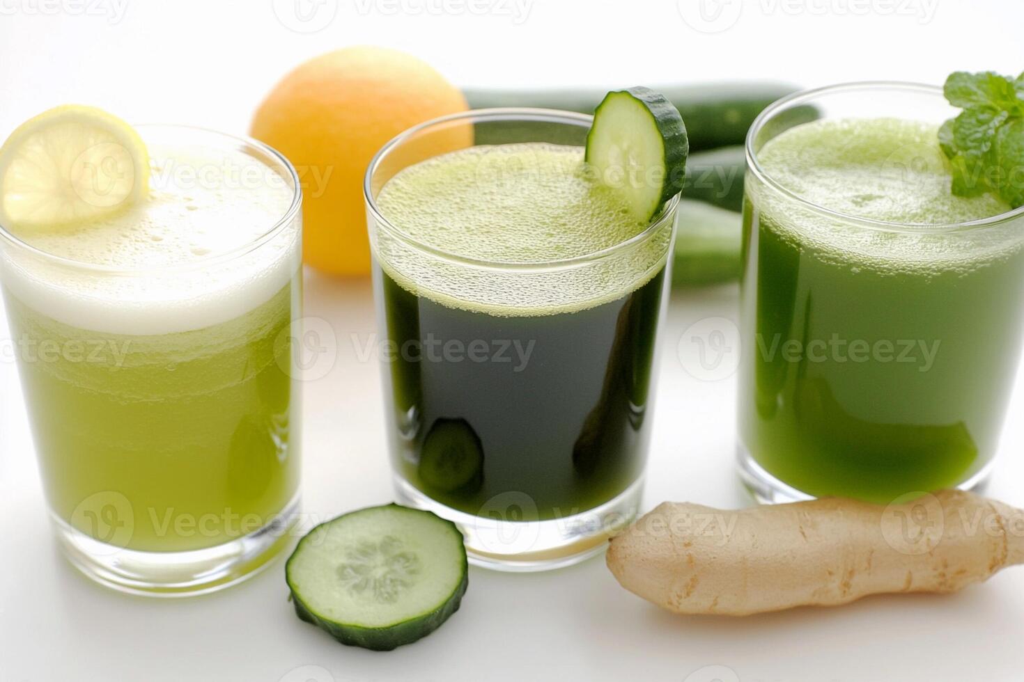 Three glasses of green juice with cucumbers and lemons photo