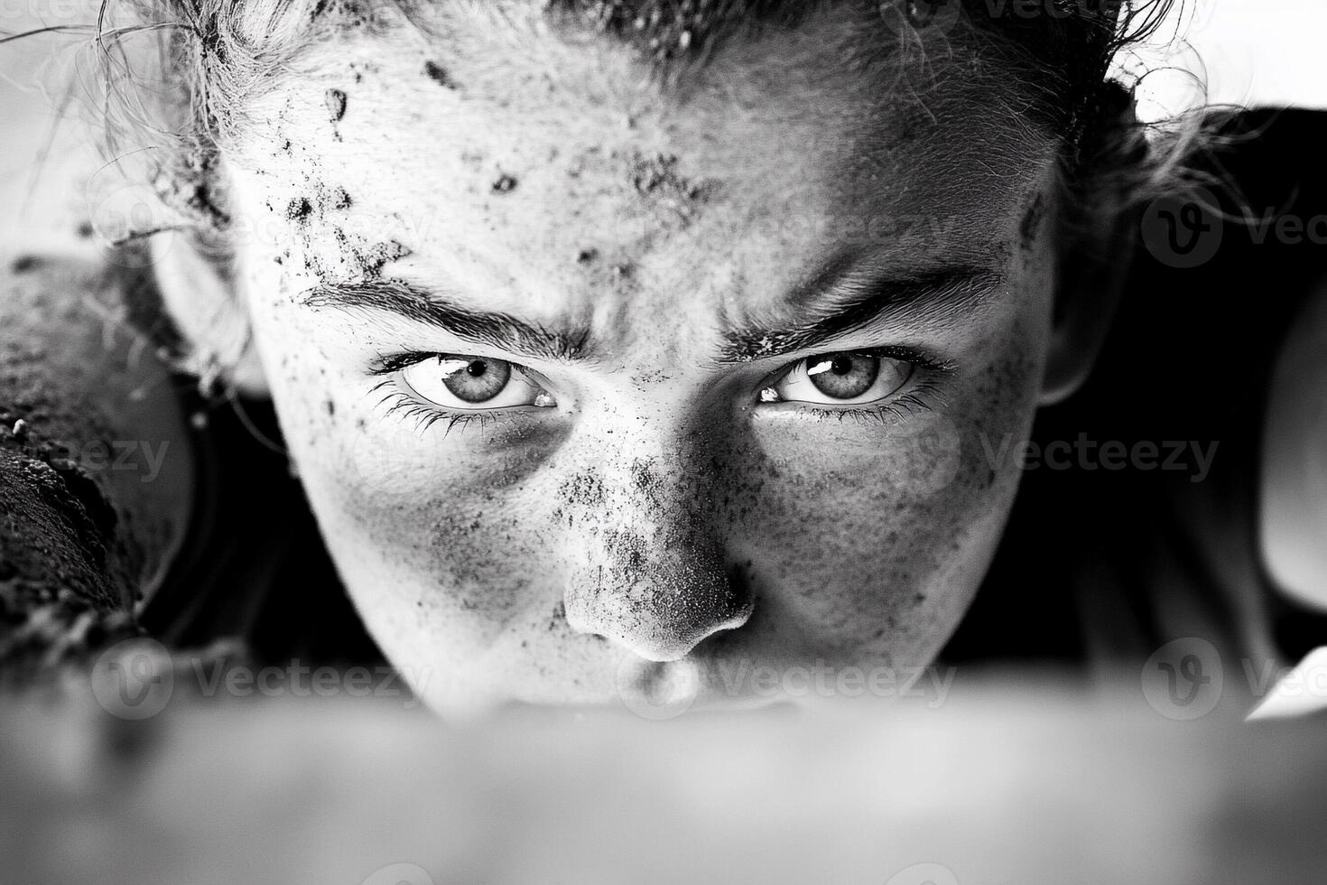 A woman with dirt on her face is looking at the camera photo