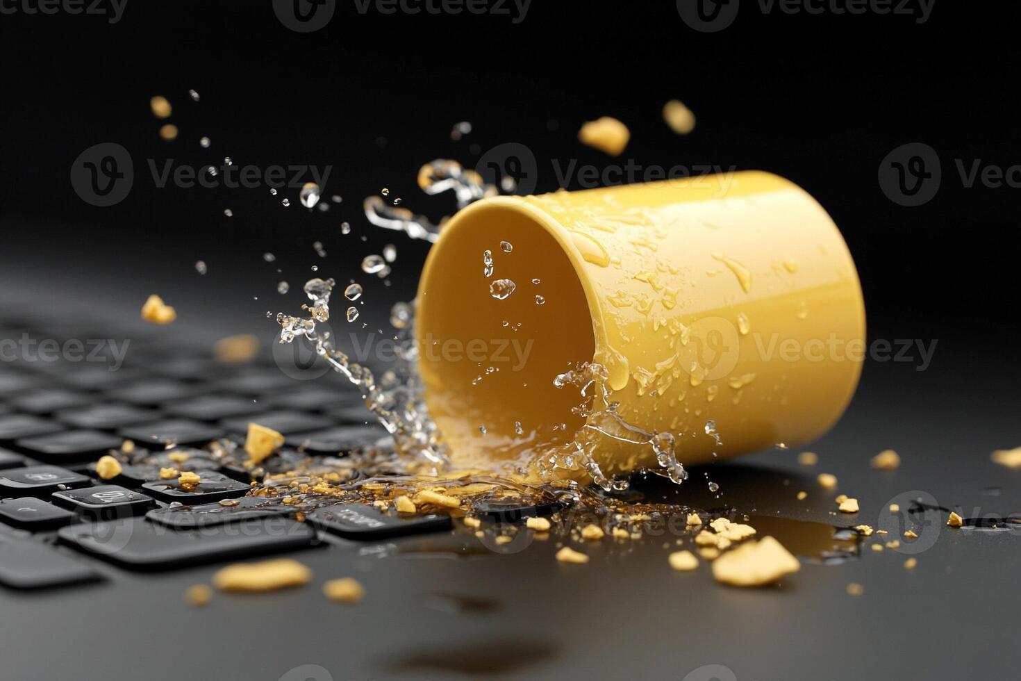 A yellow cup is splashing water on a keyboard photo