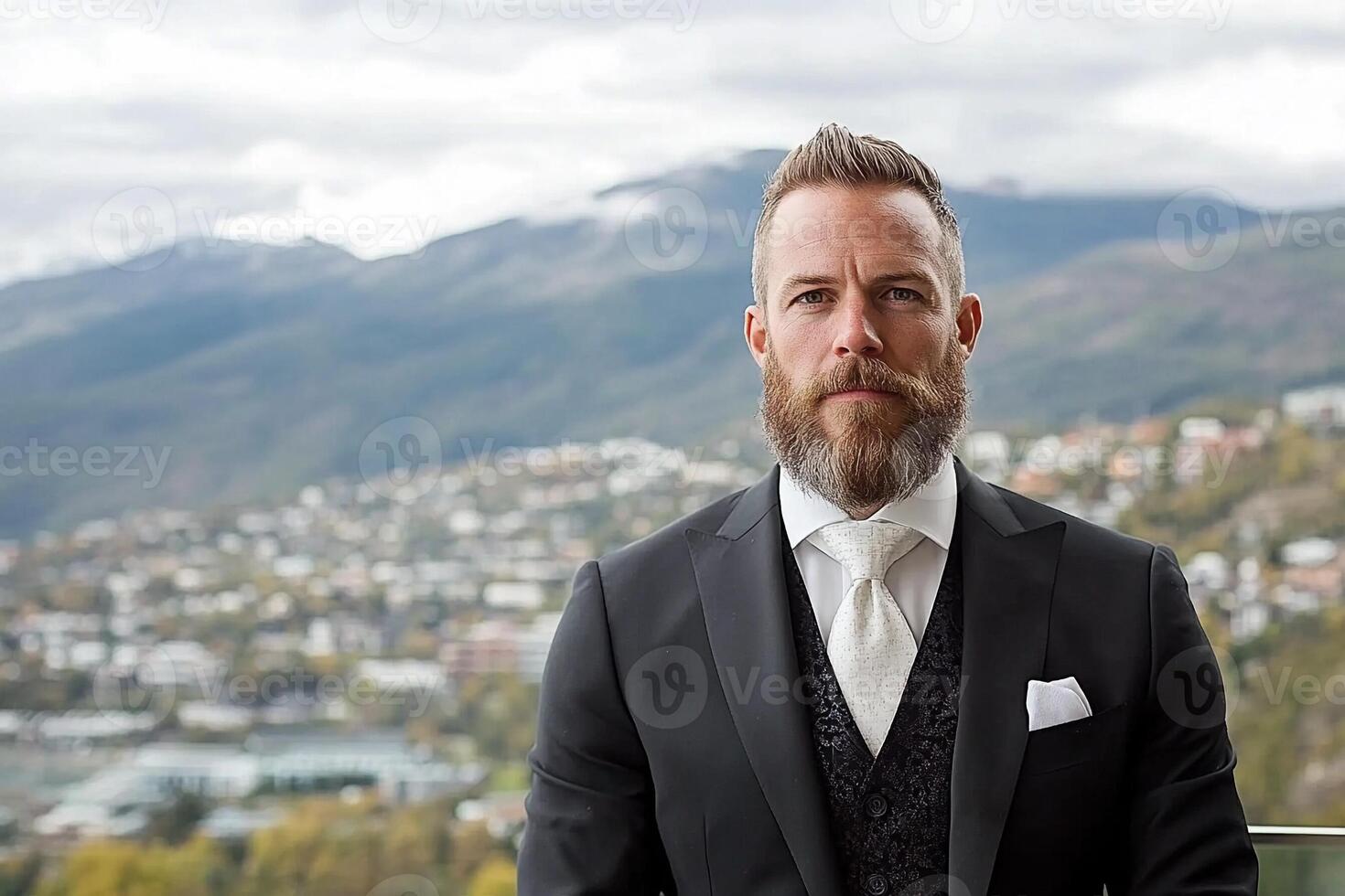 A man with a beard and suit standing in front of a mountain photo