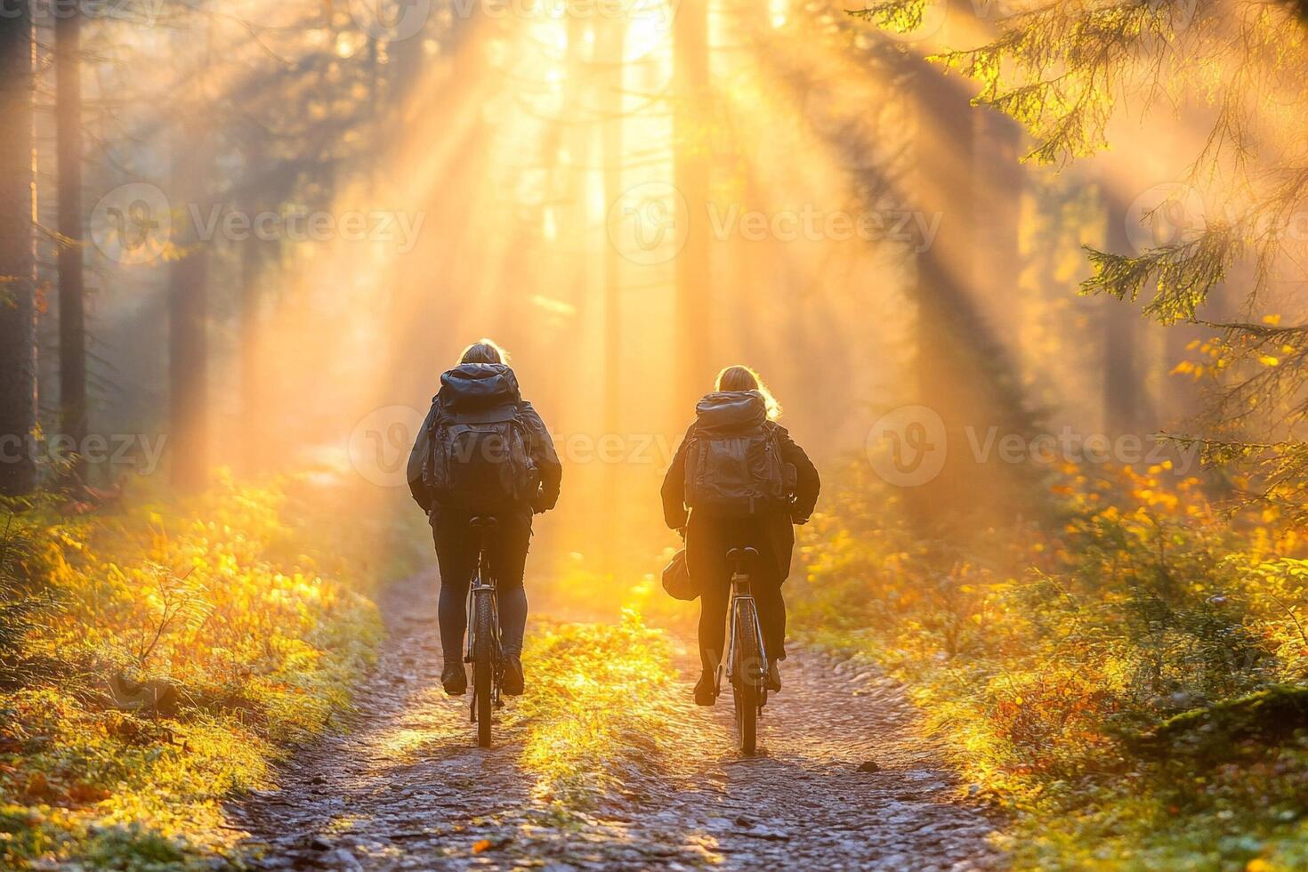 Two people riding bicycles on a path in the forest photo