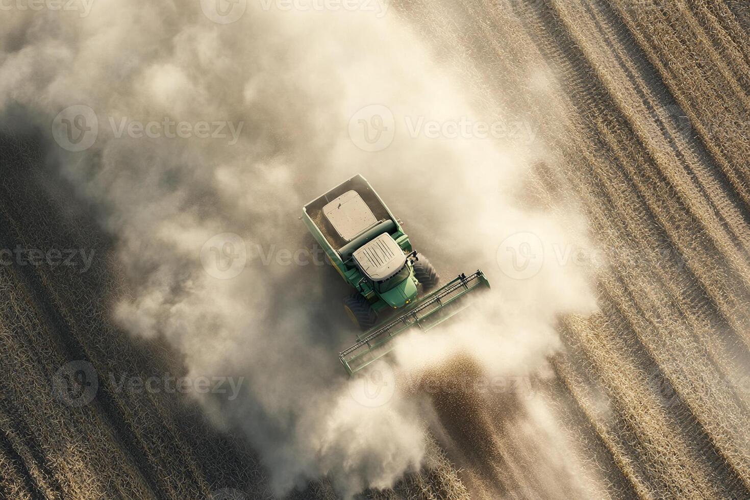 A tractor is spraying dust on a field photo