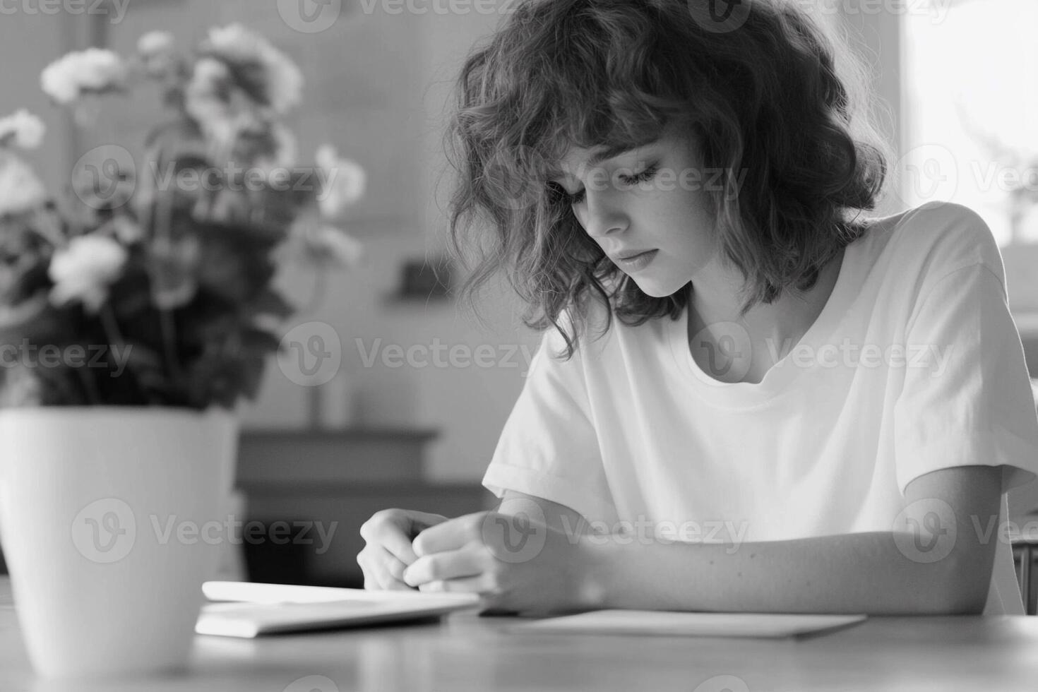 A woman is sitting at a table writing in a notebook photo