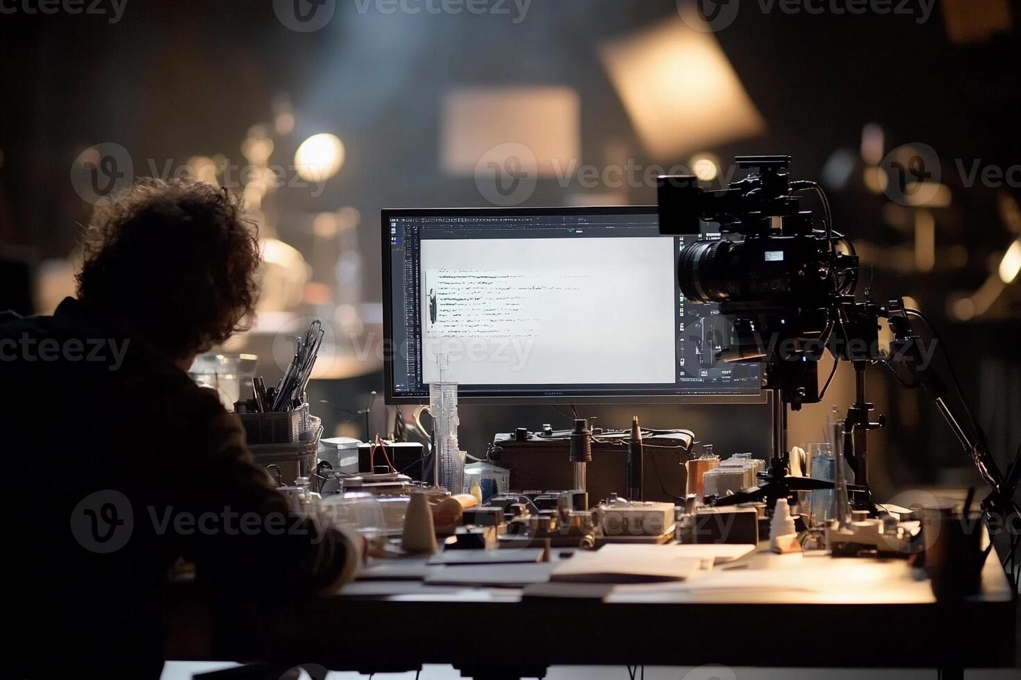 A man sitting at a desk with a computer and a camera photo